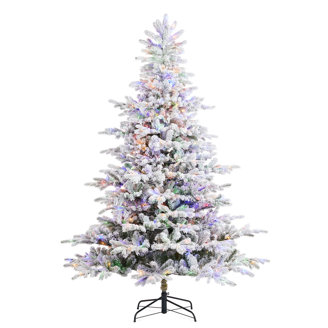 Glitzhome® 7.5ft Pre-Lit Flocked Full Fir Artificial Christmas Tree, Multicolor LED Lights